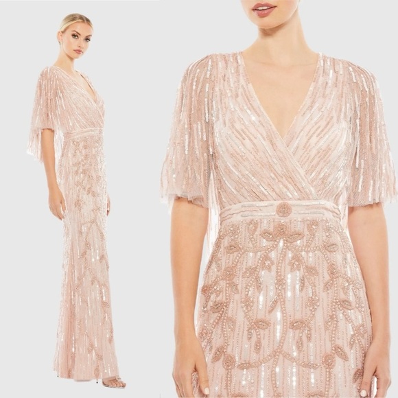 NWT Mac Duggal 9064 Pink Embellished Cap Sleeve Faux Wrap Trumpet Gown Size 10 - Picture 2 of 11